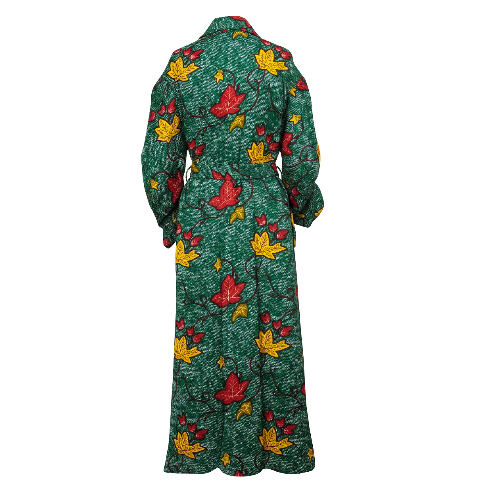 A long-sleeved maxi robe shown from the back, featuring a dark green base with an all-over pattern of red and yellow autumn leaves and dark brown vines.