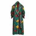 A long green robe with a red, yellow, and white leaf pattern, featuring a collar, long sleeves, and a self-tie belt, shown against a plain white background.