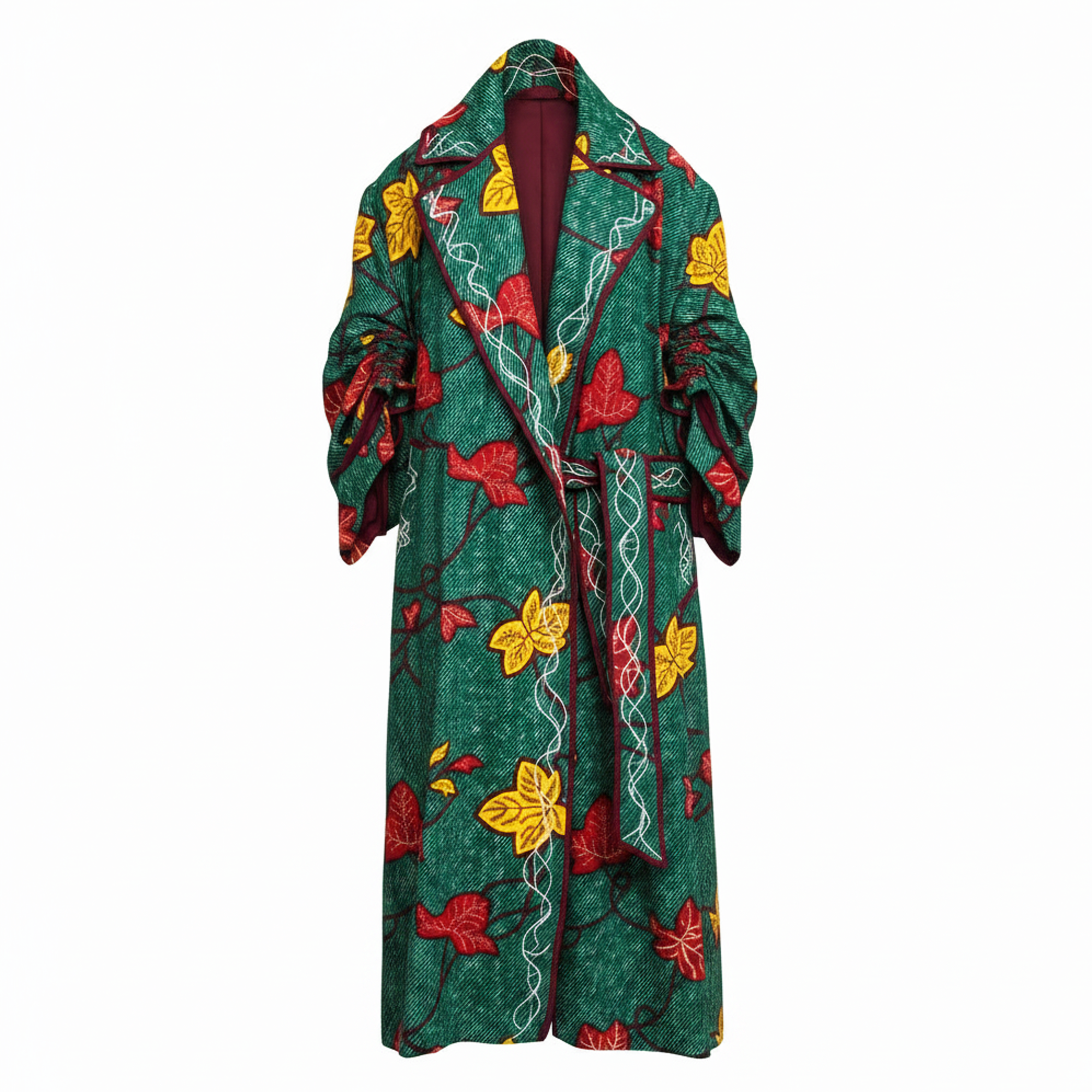 A long green robe with a red, yellow, and white leaf pattern, featuring a collar, long sleeves, and a self-tie belt, shown against a plain white background.