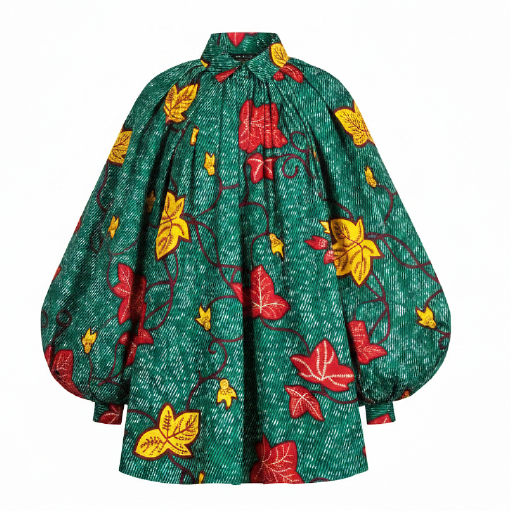 A green patterned blouse with dramatic balloon sleeves, featuring a red and yellow leaf print on a textured green background.