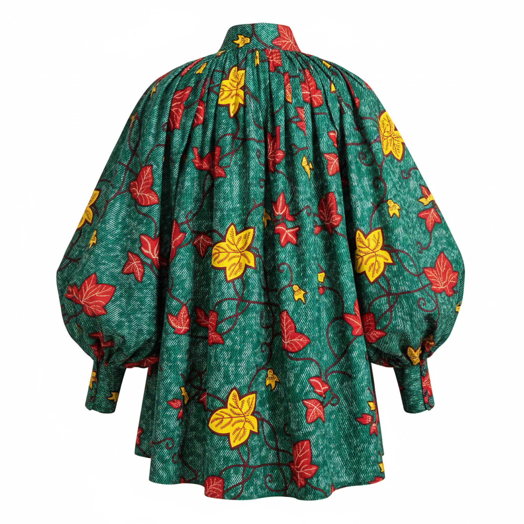 A green patterned blouse with a high pleated neckline and voluminous balloon sleeves, featuring a red and yellow autumn leaf print, shown against a plain white background.
