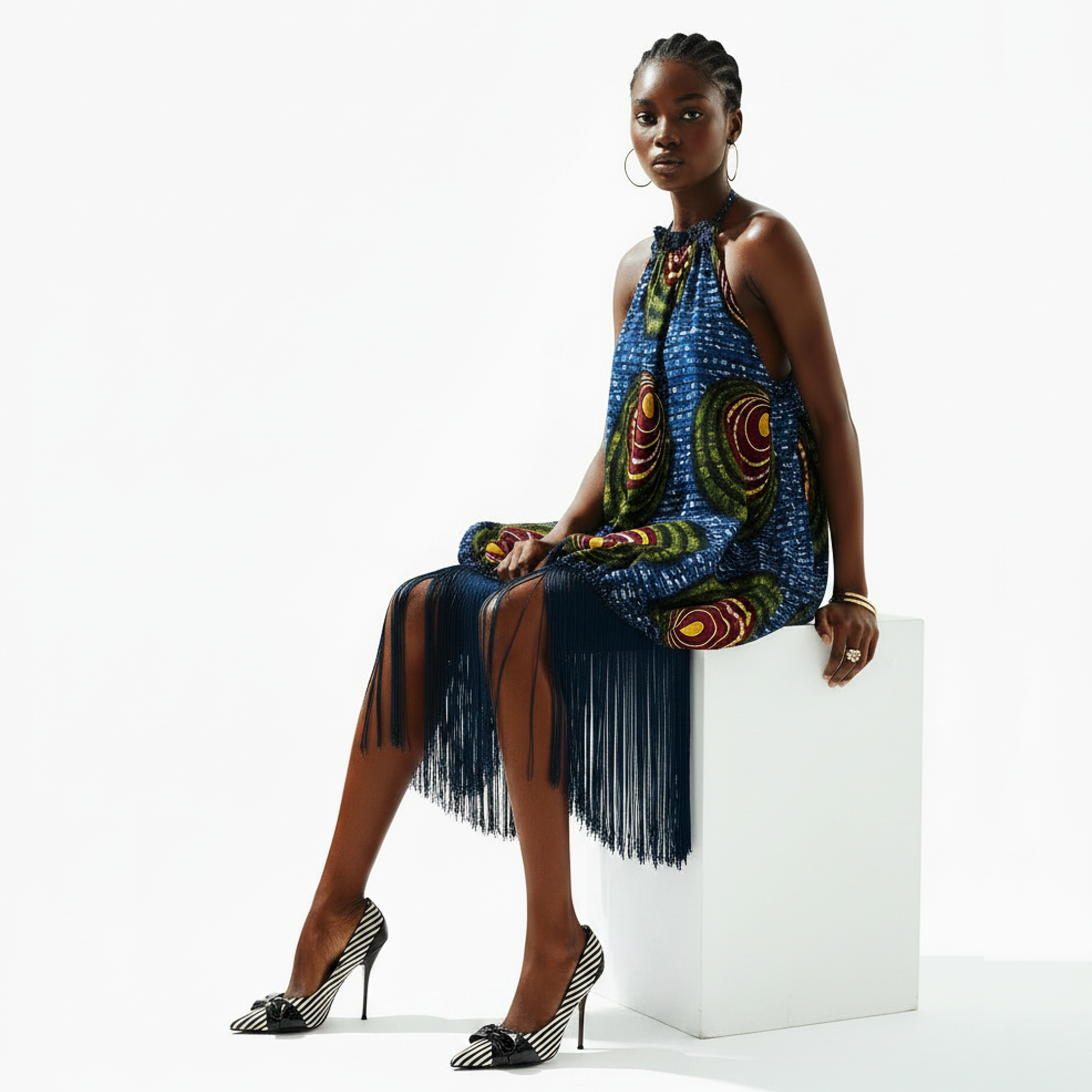 A model sits on a white cube wearing a sleeveless halter-neck dress with a blue base and vibrant multicolor circular patterns, paired with black and white striped high heels against a white studio background.