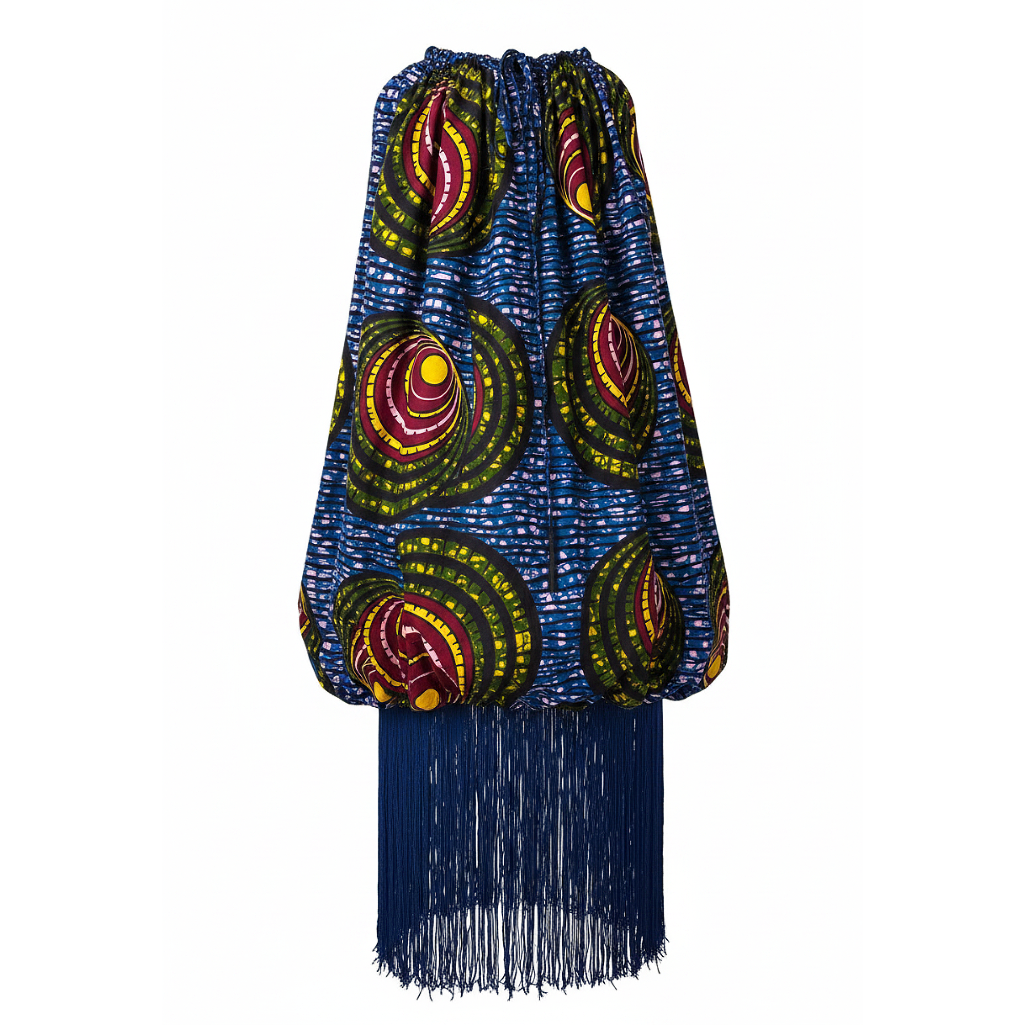 A bohemian-style gathered skirt featuring a vibrant blue and green abstract spiral pattern with yellow and red accents, finished with a long navy blue fringe hem.