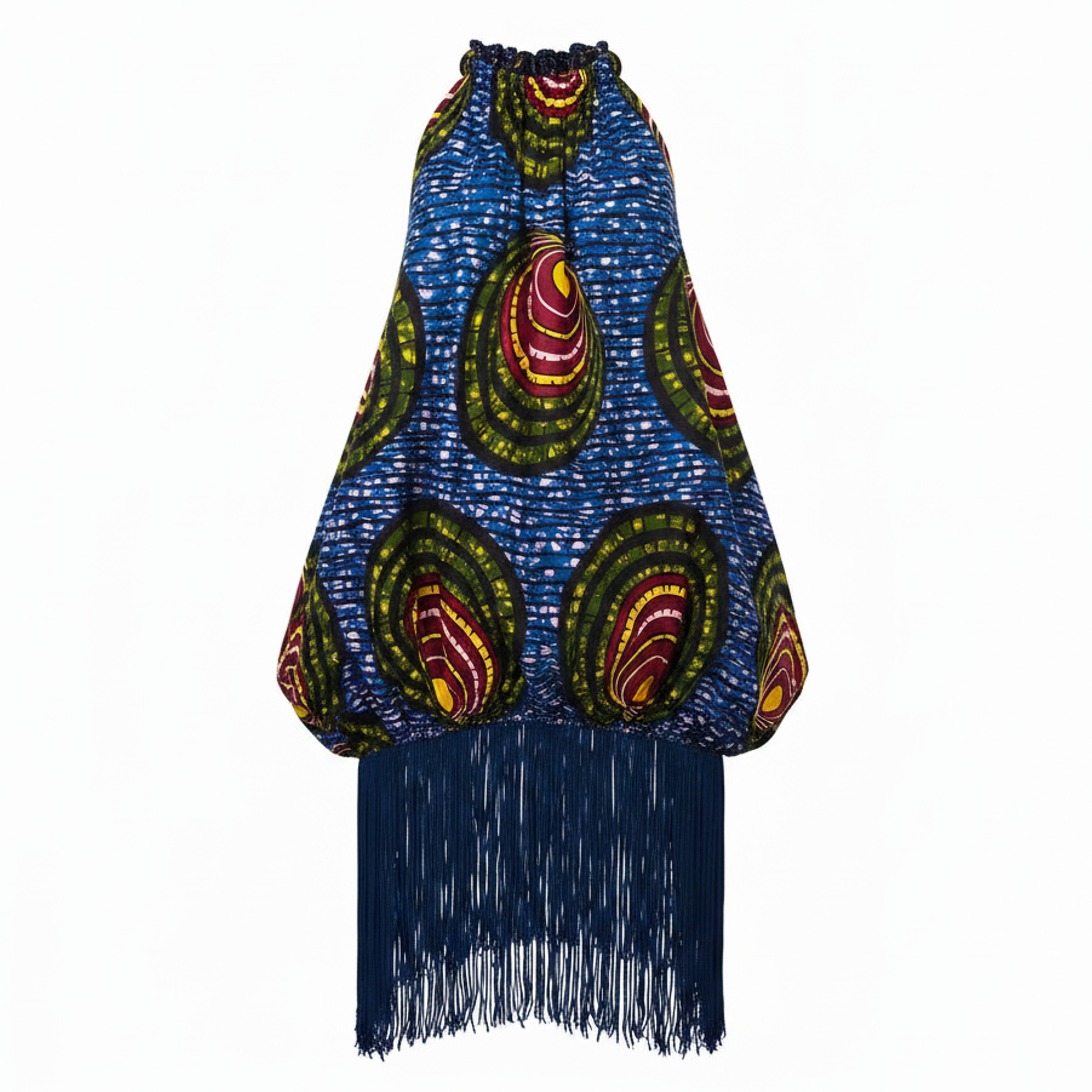 A halter-neck dress featuring a vibrant blue base with a bold, multicolored African wax print pattern of green, red, and yellow paisley-like motifs, finished with a long dark blue fringe hem.