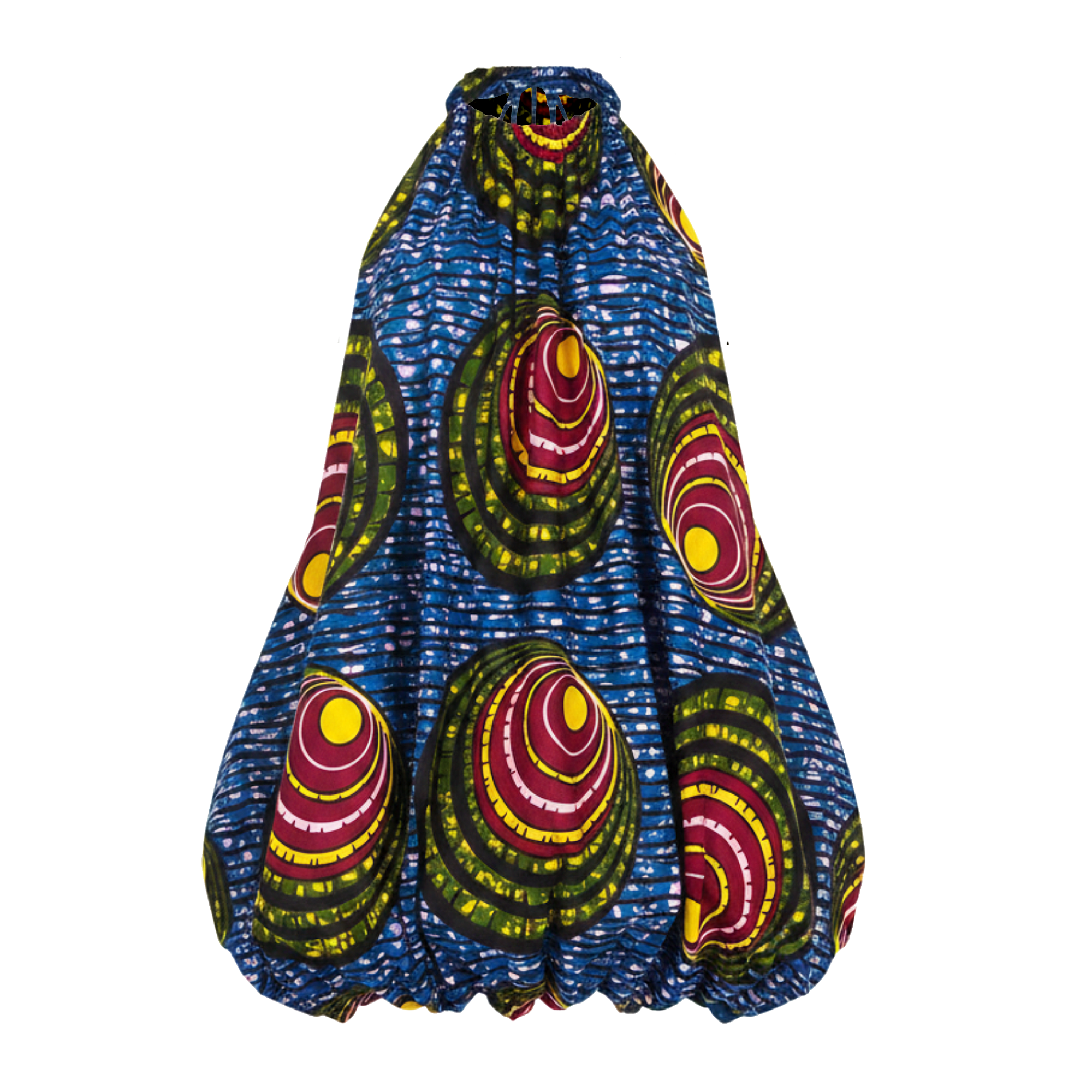 A halter-neck maxi dress featuring a vibrant blue base with a bold African wax print pattern of green, yellow, and red concentric oval motifs.