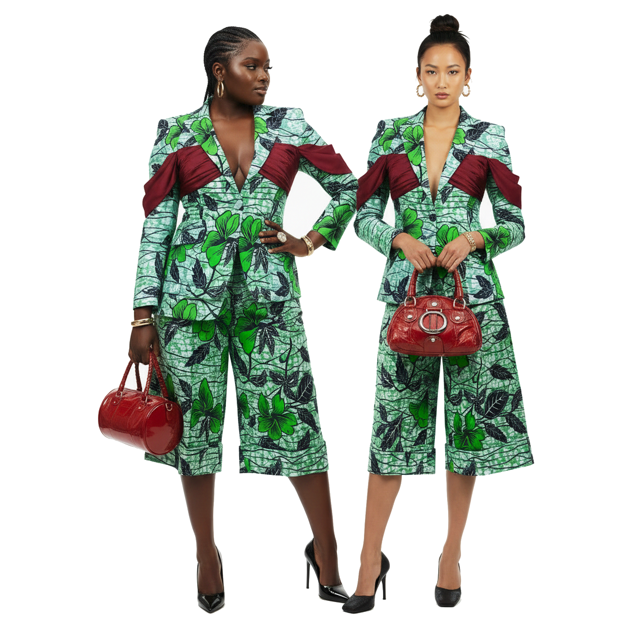 Two women modeling matching green and black leaf-patterned two-piece outfits with deep red draped shoulder details, posed against a plain white background. One holds a red handbag.