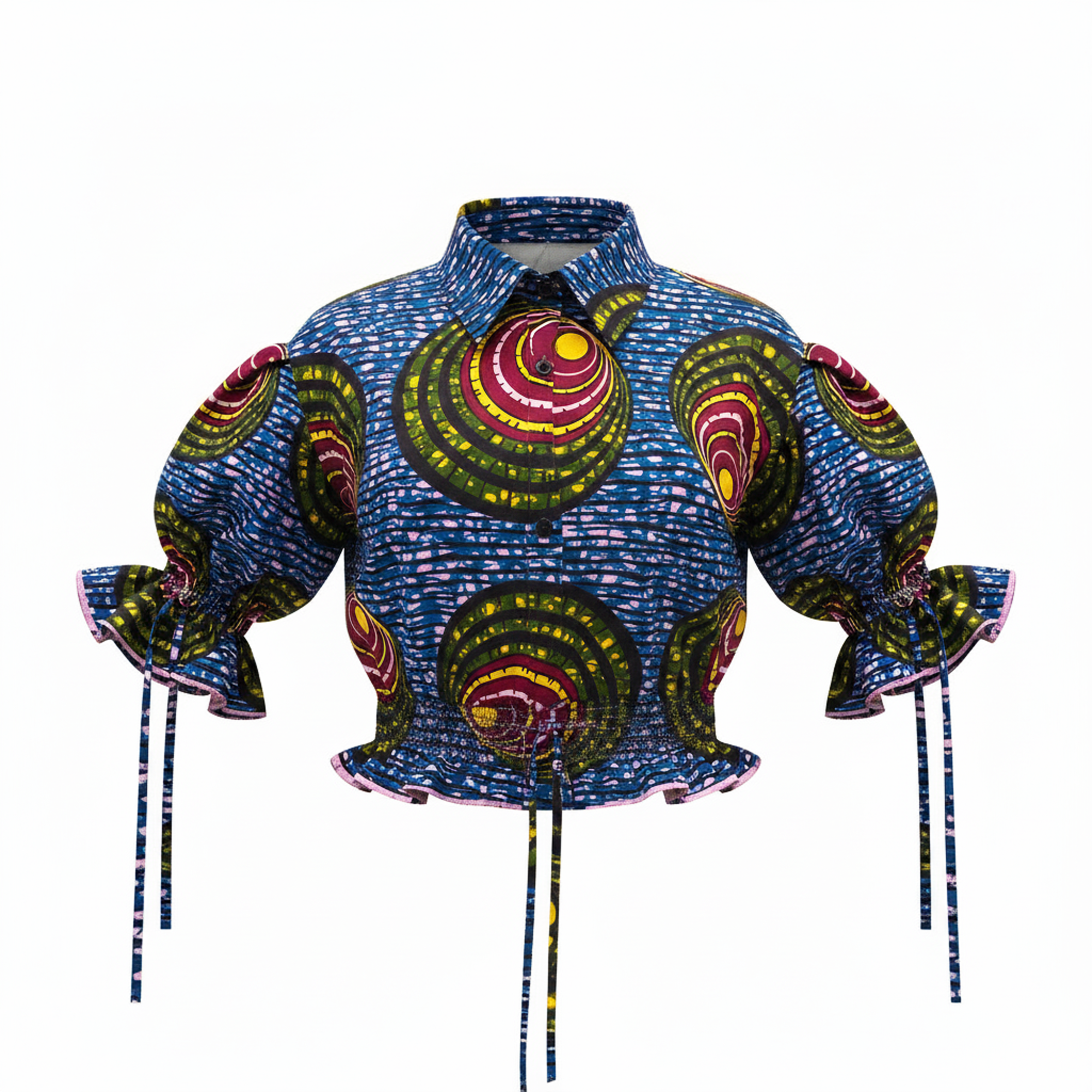 A cropped long-sleeve blouse with a vibrant blue base and a bold multicolor circular batik pattern, featuring ruffled sleeves with tie details and a ruffled hem.