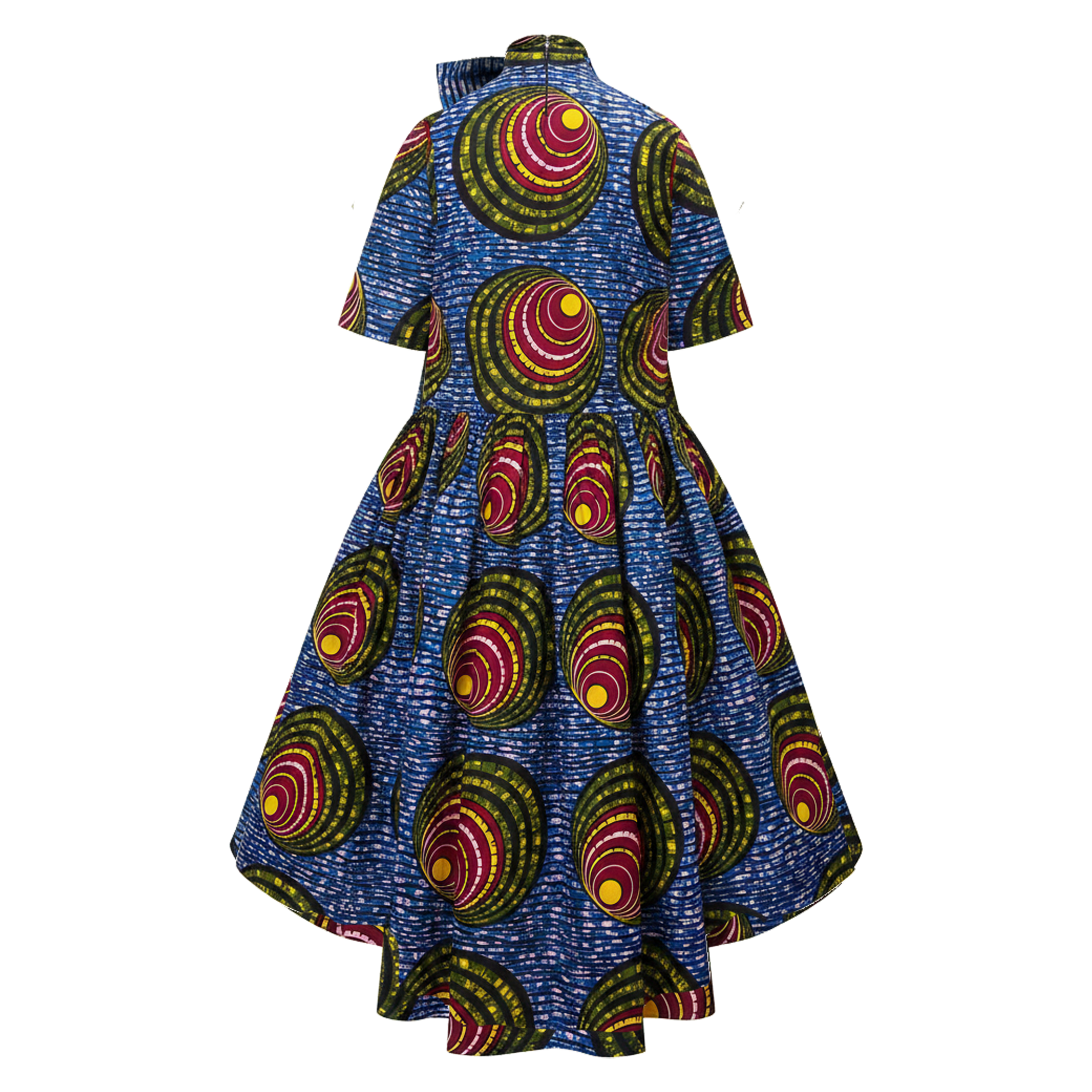 A short-sleeve high-low dress featuring a vibrant blue African wax print with circular and spiral patterns in red, yellow, green, and white.