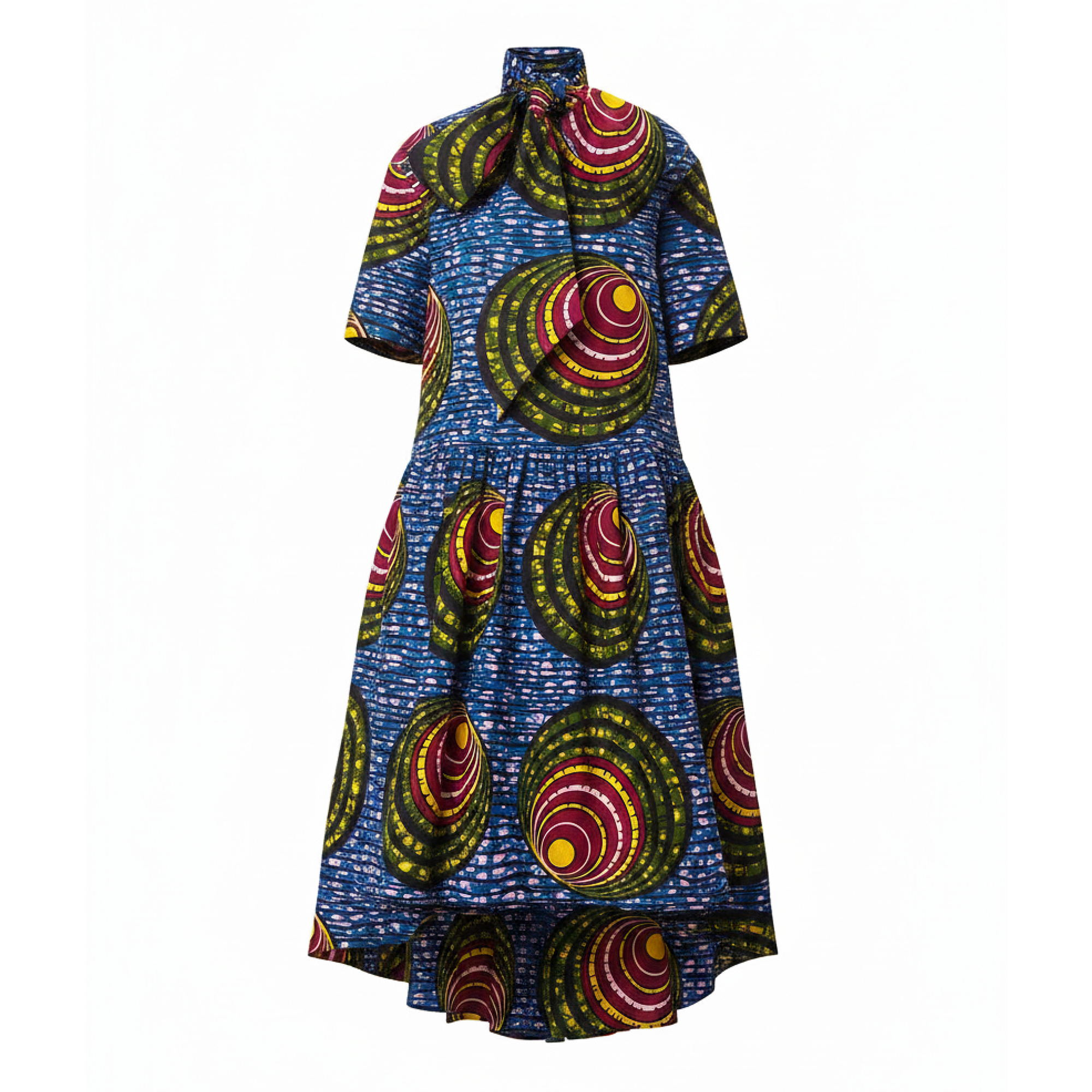 A short-sleeve high-low dress featuring a vibrant blue base with a bold, multicolored circular African wax print pattern in red, yellow, green, and white.