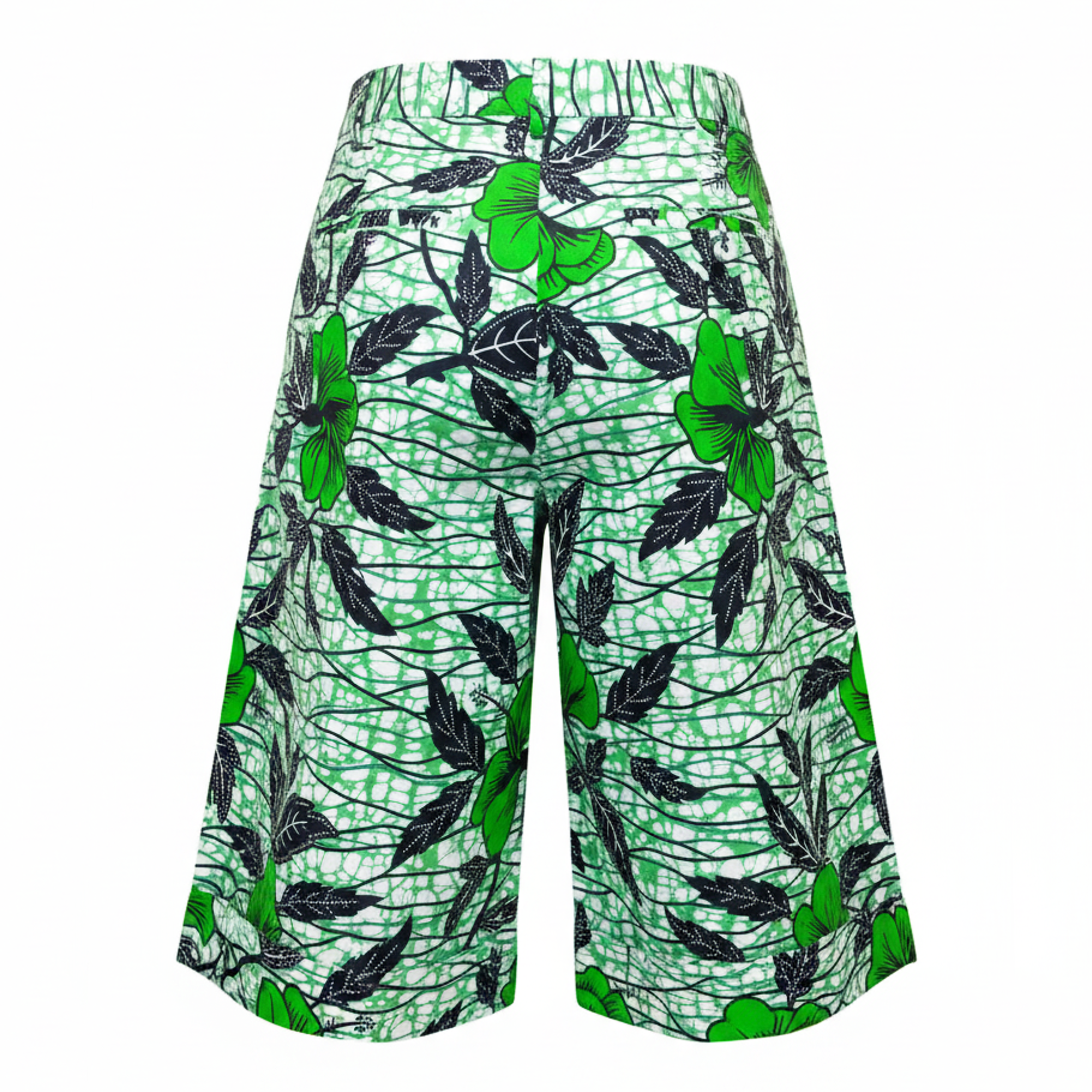 Green and black tropical floral print shorts with hibiscus flowers and leaves on a white background.