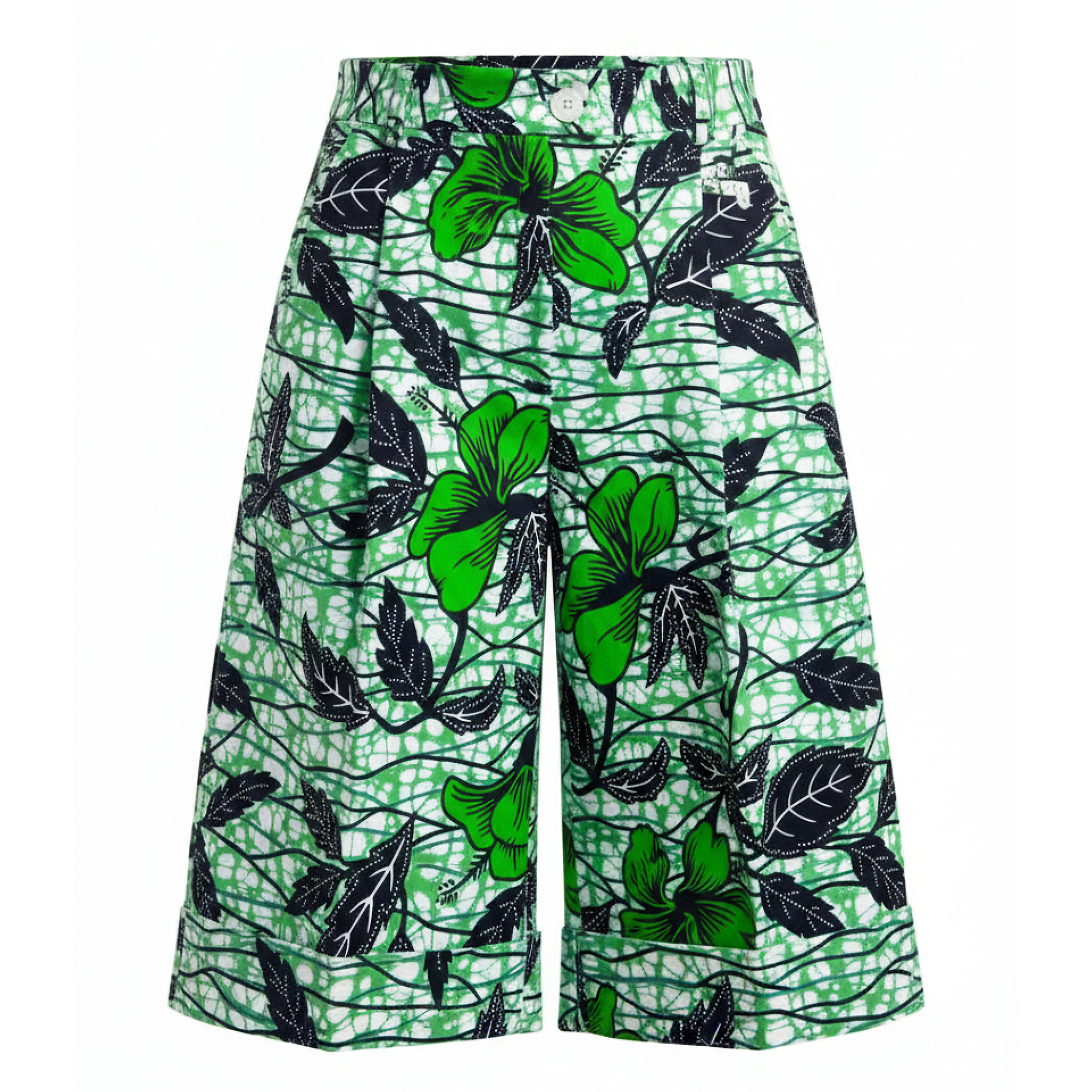 Green and black tropical print wide-leg shorts featuring hibiscus flowers and leaves over a white background with a green scribble pattern.