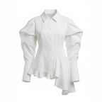 White shirt with ruffled details on a white background
