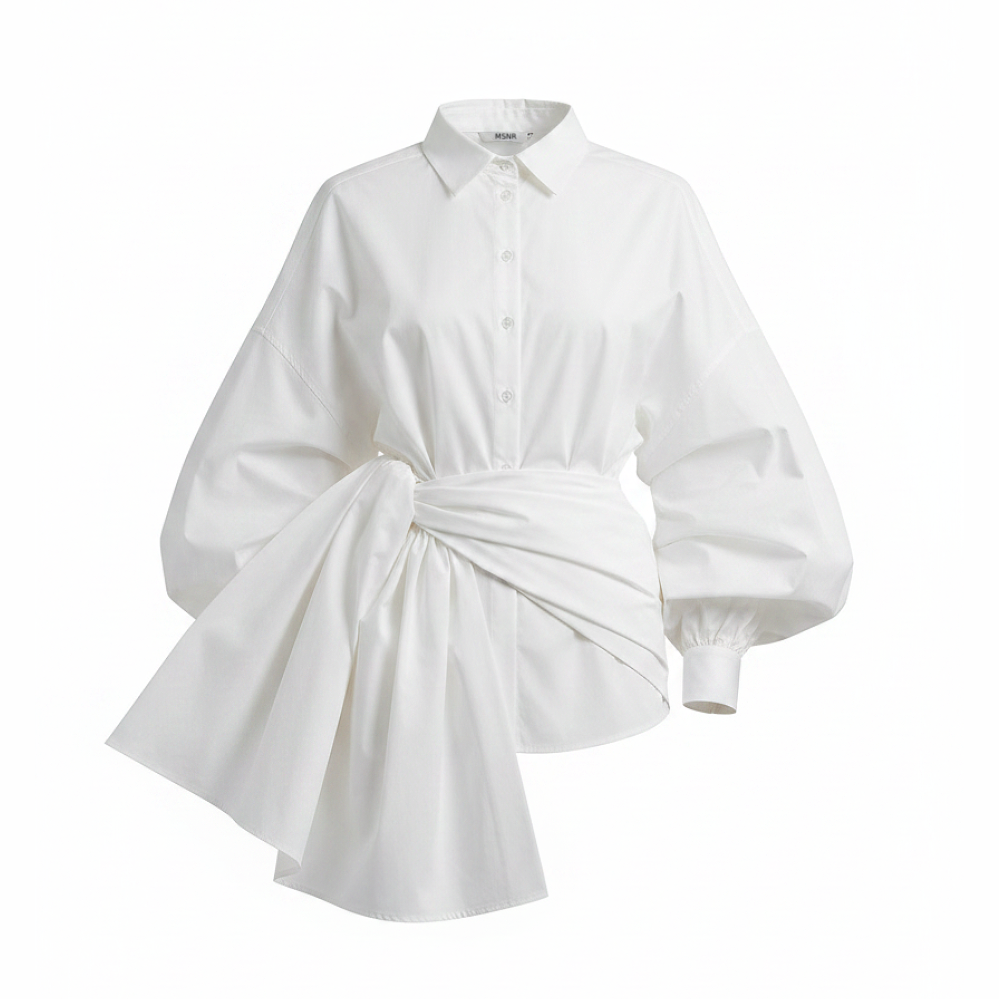 White shirt dress with a tie waist on a white background