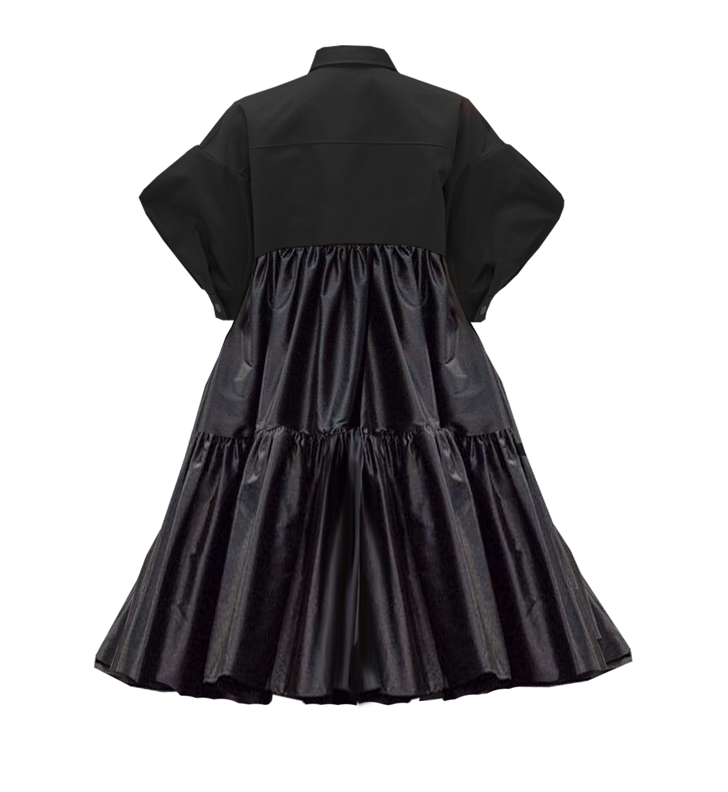 Black dress with a tiered skirt on a white background