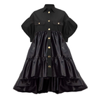 Black dress with gold buttons on a white background