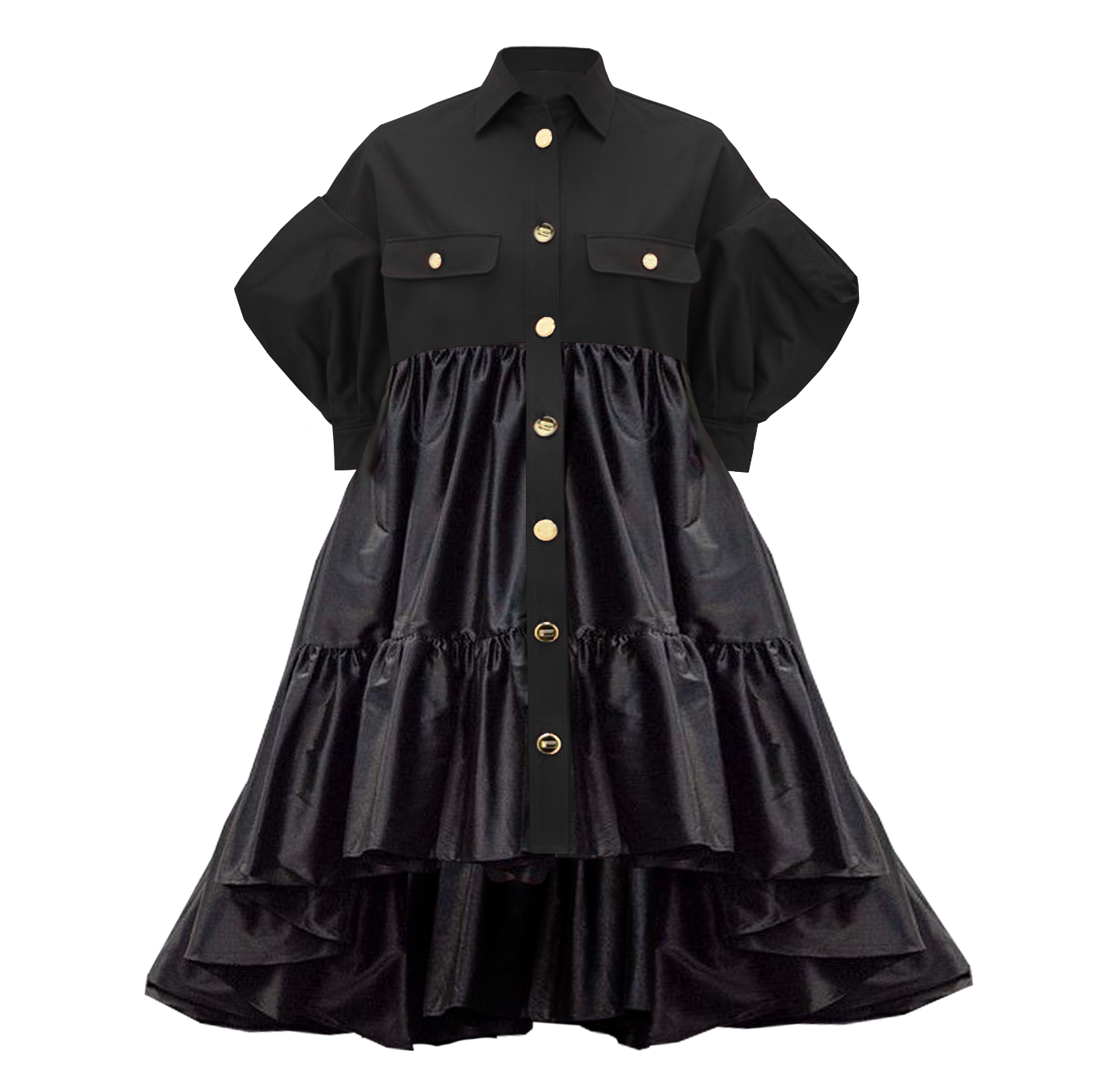 Black dress with gold buttons on a white background